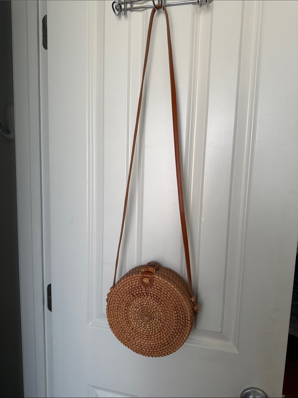 Brown Round Woven Crossbody Bag - Casual Straw Shoulder Purse